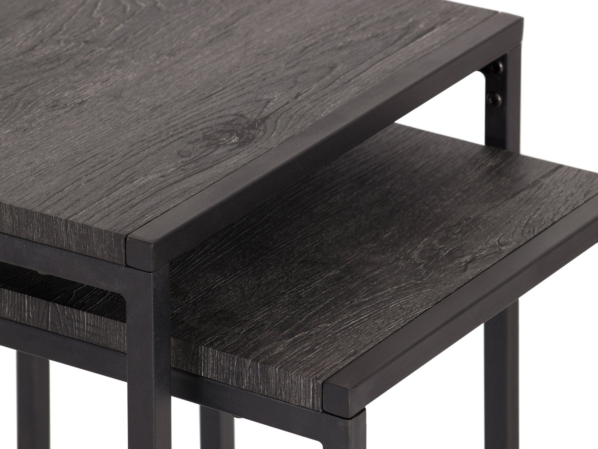 Grey wood square nesting side tables with sleek metal legs, modern minimalist design, and space-saving functionality. Perfect for contemporary living rooms or bedrooms, offering versatile use and stylish storage solutions.
