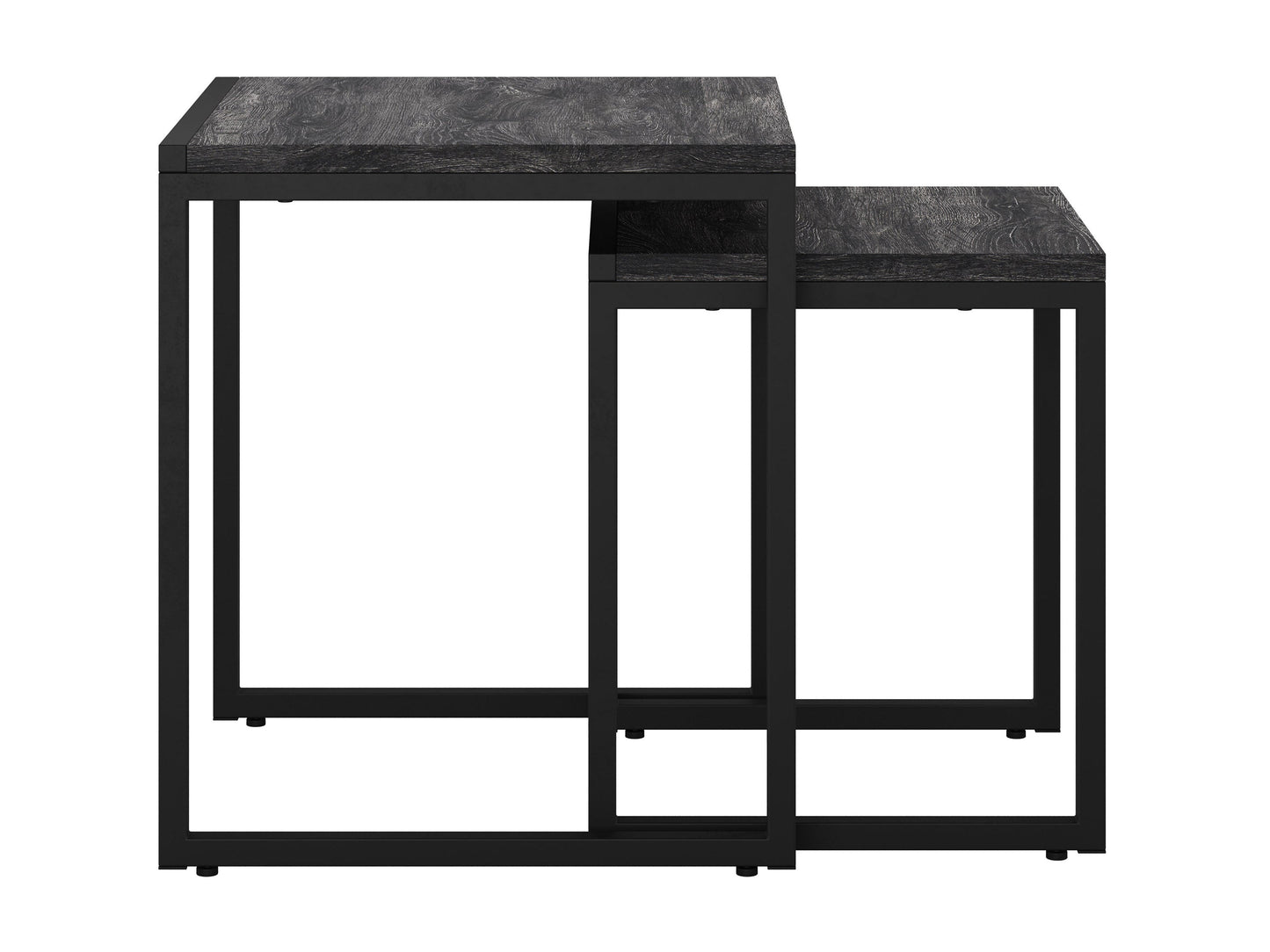 Grey wood square nesting side tables with sleek metal legs, modern minimalist design, and space-saving functionality. Perfect for contemporary living rooms or bedrooms, offering versatile use and stylish storage solutions.