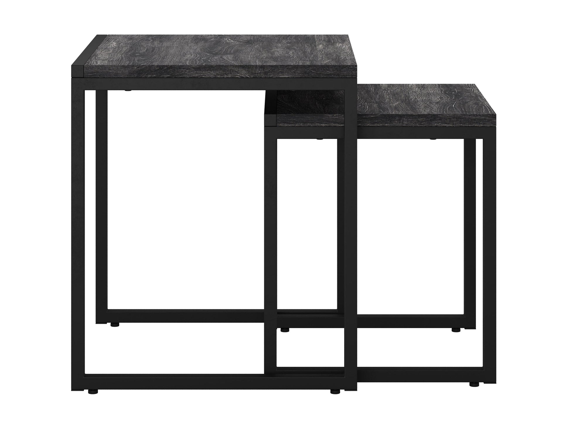 Grey wood square nesting side tables with sleek metal legs, modern minimalist design, and space-saving functionality. Perfect for contemporary living rooms or bedrooms, offering versatile use and stylish storage solutions.