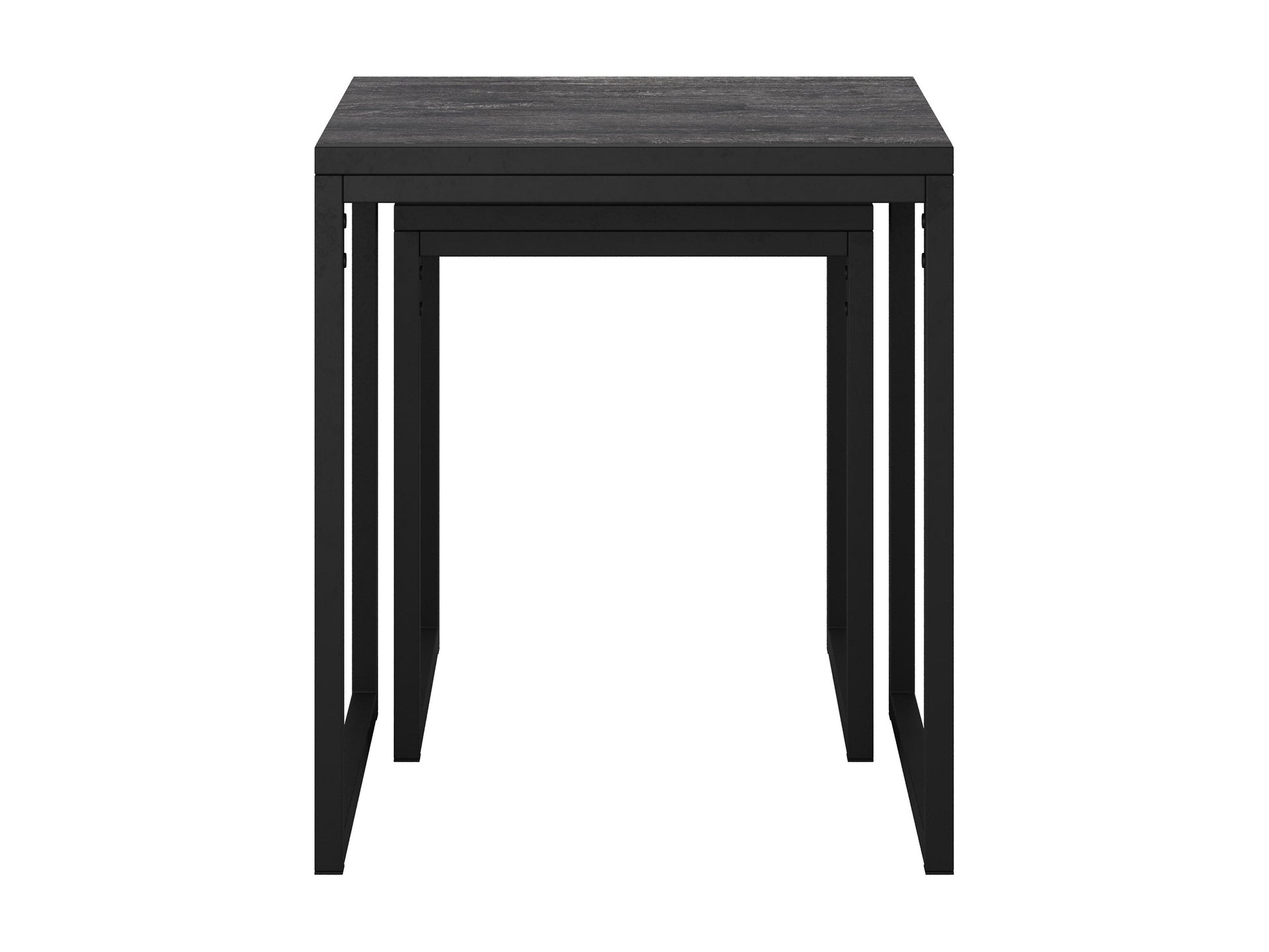 Grey wood square nesting side tables with sleek metal legs, modern minimalist design, and space-saving functionality. Perfect for contemporary living rooms or bedrooms, offering versatile use and stylish storage solutions.