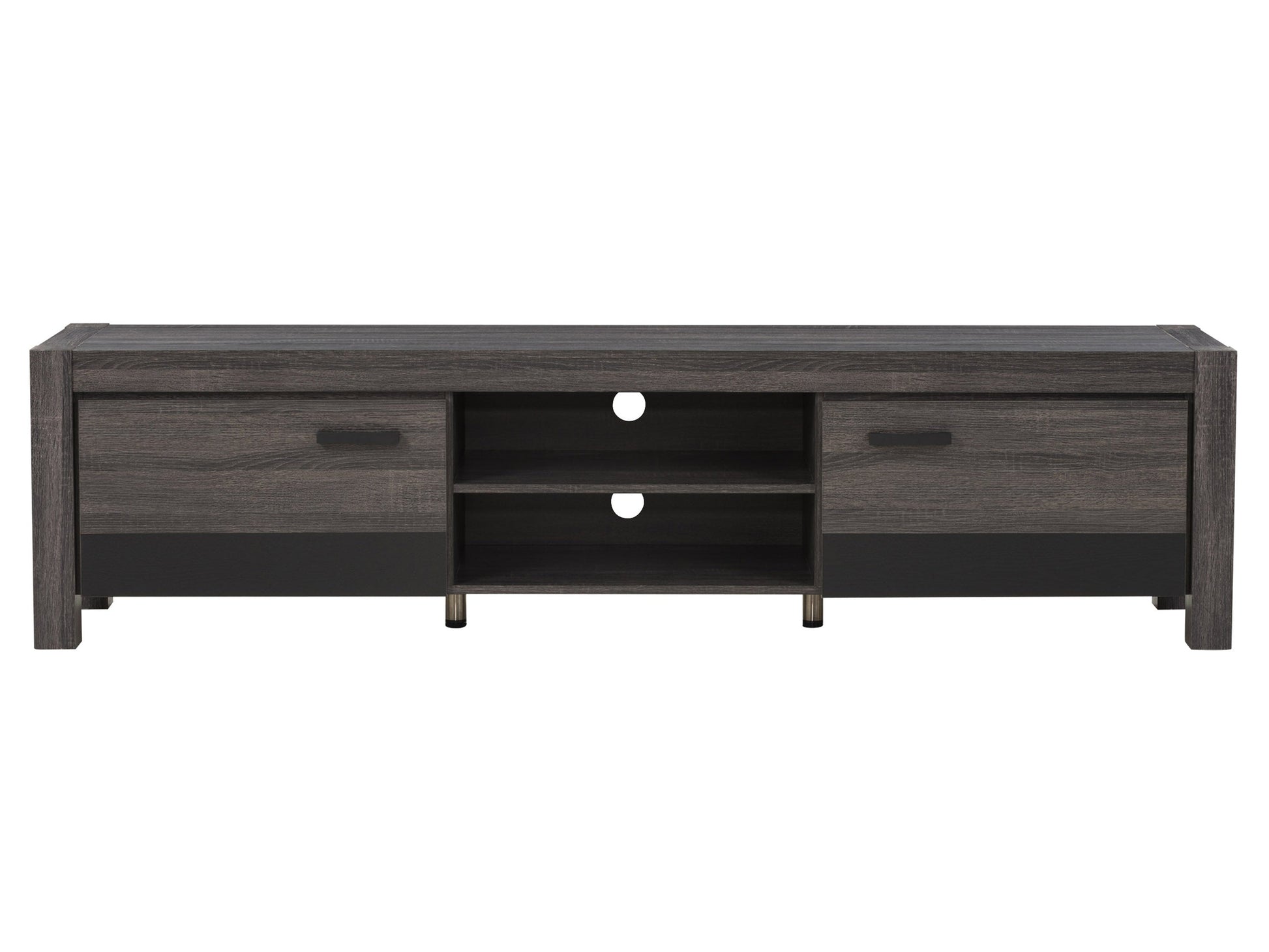 Modern wooden TV stand with doors, featuring a sleek black and natural wood finish, suitable for TVs up to 95 inches. Includes ample storage space with adjustable shelves and cable management system.