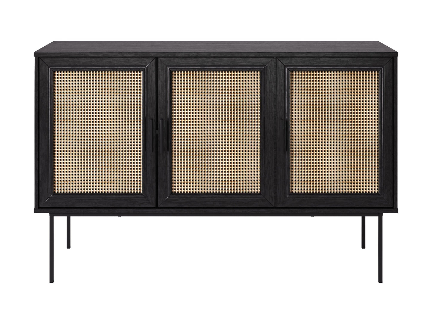 Black wood sideboard buffet with sleek handles, two doors, and three drawers. Features smooth finish, modern design, and ample storage space. Ideal for dining rooms or living spaces.