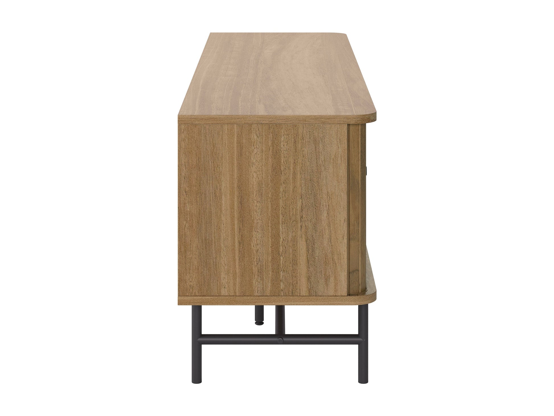 Dark wood TV stand with sleek metal legs, featuring two spacious cabinets with textured doors and open shelving for media devices, perfect for modern living rooms.