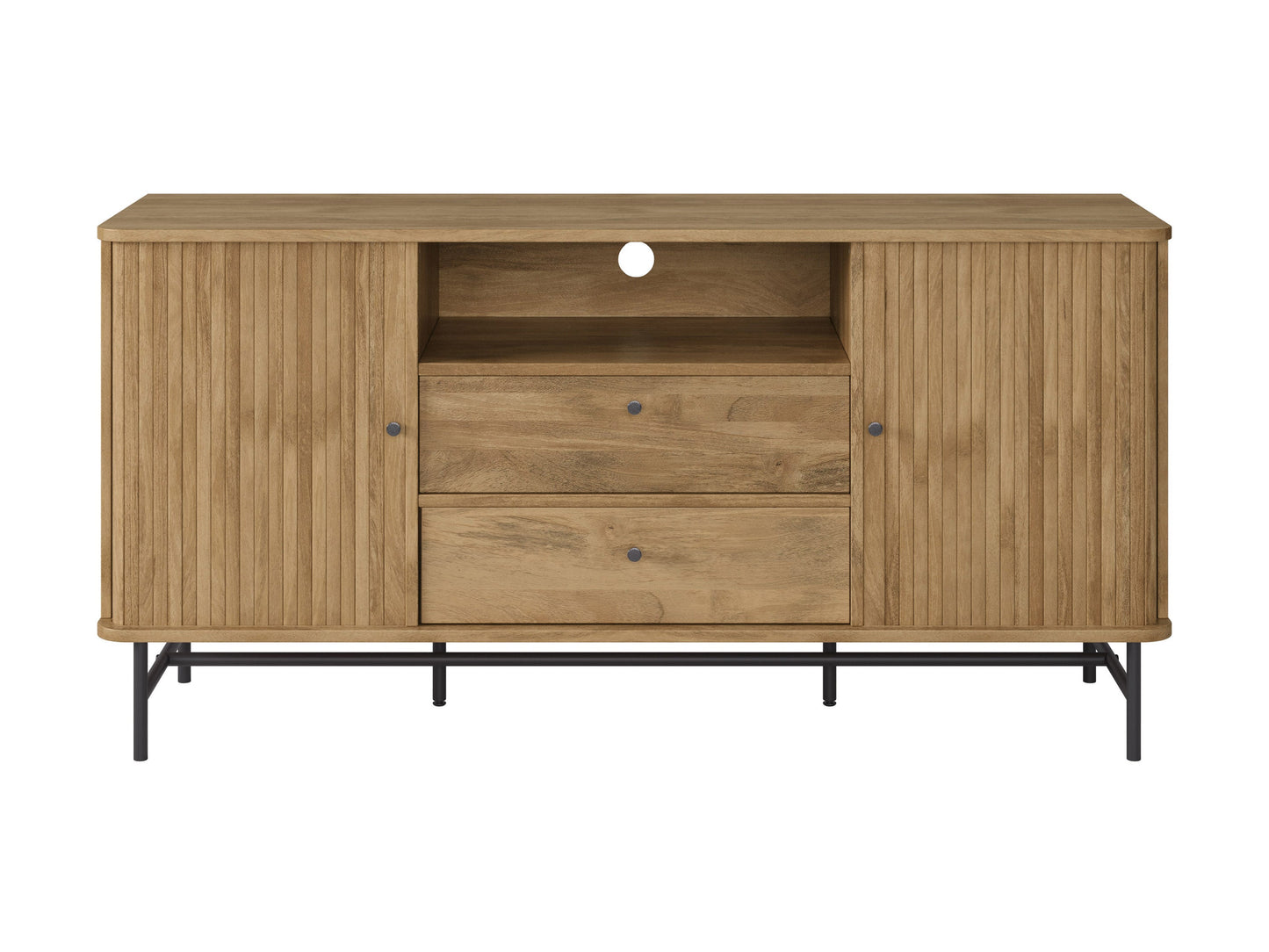 Elegant curved sideboard buffet in dark walnut wood with sleek brass handles, featuring three spacious drawers and two cabinets with intricate herringbone pattern, ideal for modern dining rooms or living spaces.