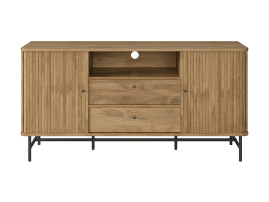 Elegant curved sideboard buffet in dark walnut wood with sleek brass handles, featuring three spacious drawers and two cabinets with intricate herringbone pattern, ideal for modern dining rooms or living spaces.