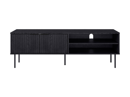 Black fluted TV stand with sleek, modern design featuring vertical grooves, two spacious cabinets, and open shelving, made of durable wood and metal accents, perfect for contemporary living rooms.