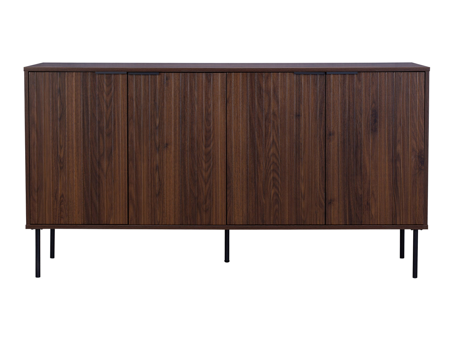Fluted walnut sideboard cabinet with sleek, vertical grooves, rich brown finish, and minimalist design. Features two spacious compartments and sturdy legs. Ideal for modern living rooms and dining areas.