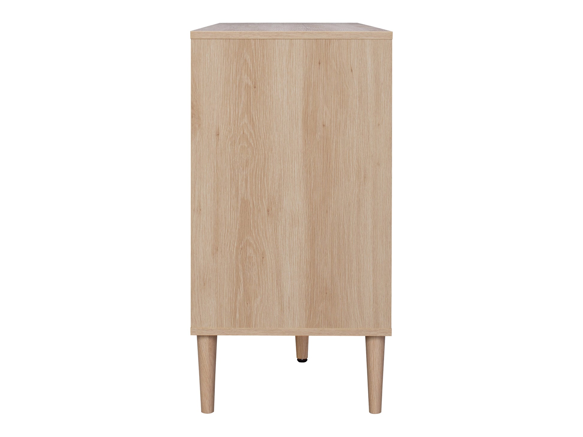 Rattan sideboard cabinet with natural woven rattan doors, light wood frame, and black metal legs. Features two spacious compartments with shelves and a sleek modern design. Ideal for stylish storage solutions.