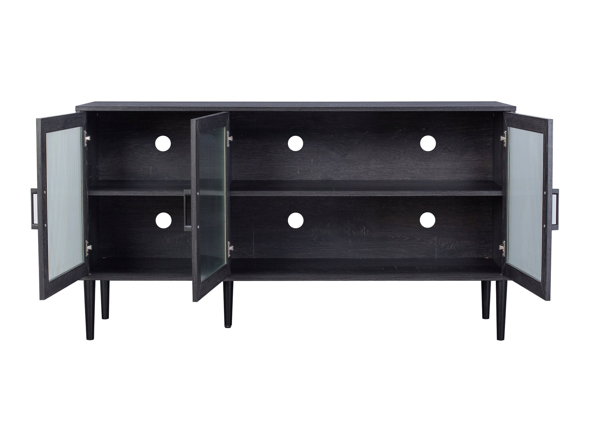 Fluted glass sideboard with black metal frame, featuring three transparent glass doors, textured glass panels, and a sleek, minimalist design.