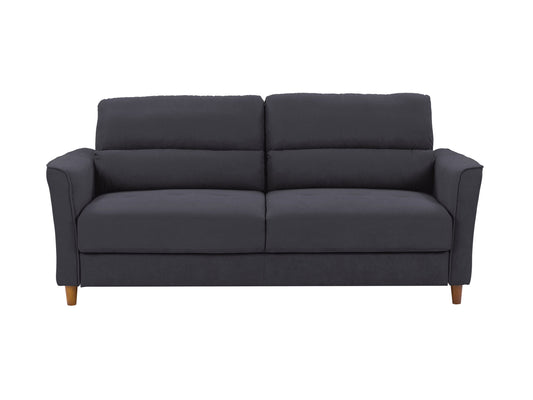 Dark grey 3-seater sofa with plush cushions, modern design, and wooden legs. Upholstered in durable fabric, perfect for contemporary living rooms.