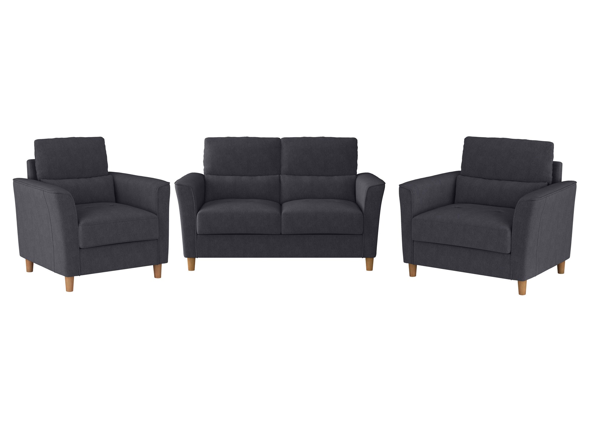 Gray 3 piece living room sofa set with tufted cushions, wooden legs, and plush fabric upholstery. Includes a large sofa, a loveseat, and an armchair, perfect for modern and contemporary home decor.