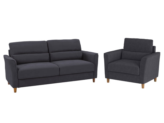 Dark grey 3-seat sofa and chair set with plush cushions, modern design, and sturdy wooden legs, perfect for living room or lounge area. Ideal for contemporary home decor and comfortable seating.