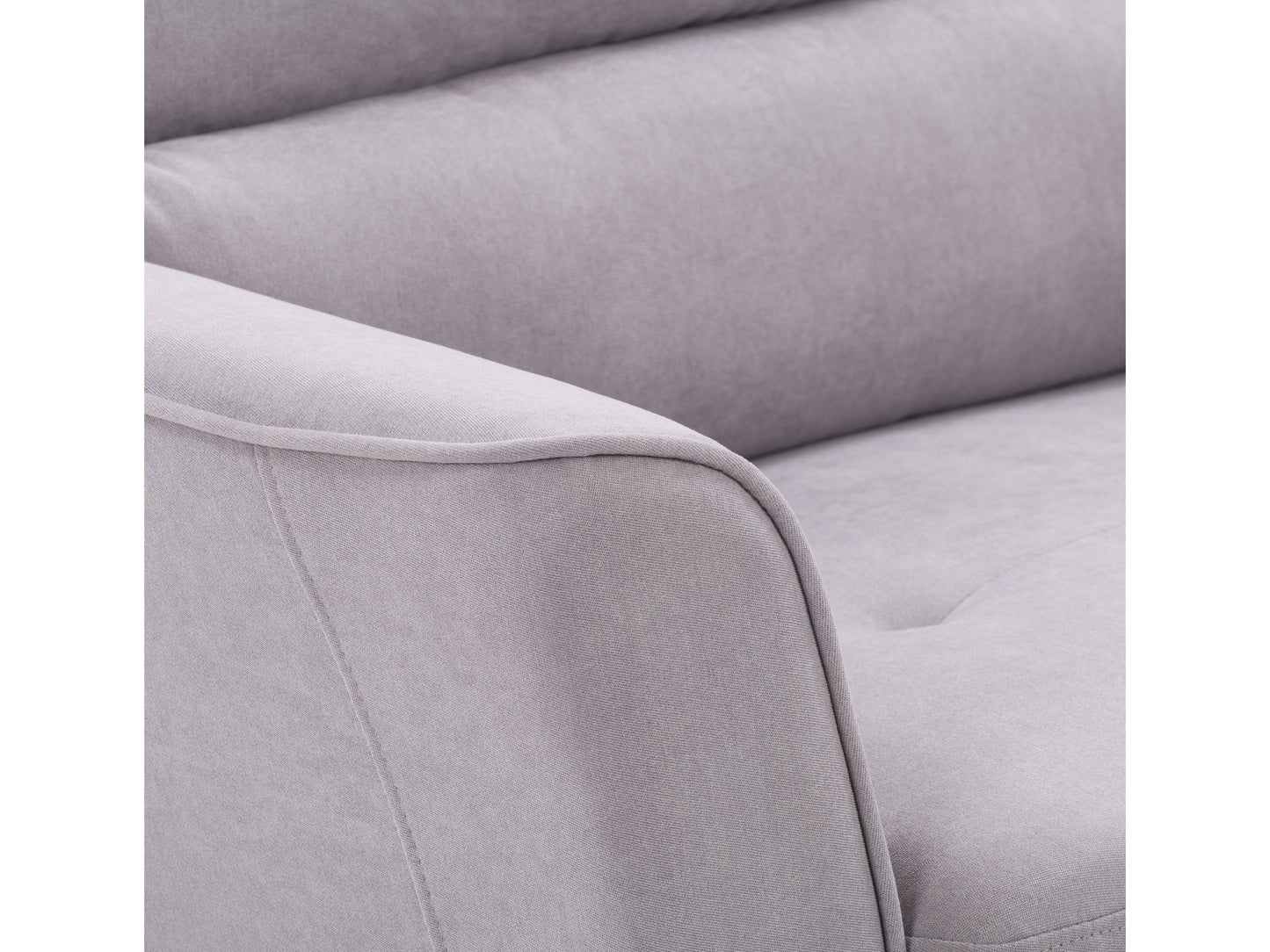 Modern arm chair with sleek wooden legs, upholstered in light grey fabric, featuring a curved backrest and cushioned seat for comfort. Ideal for contemporary living rooms or office spaces.