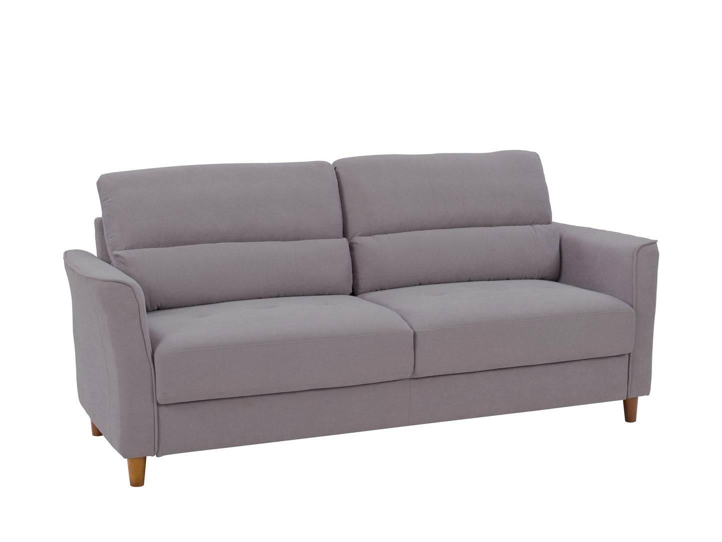 Light grey 3-seater sofa with plush cushions, wooden legs, and soft fabric upholstery. Ideal for modern living rooms, this stylish couch offers comfort and elegance, perfect for family gatherings or relaxation.