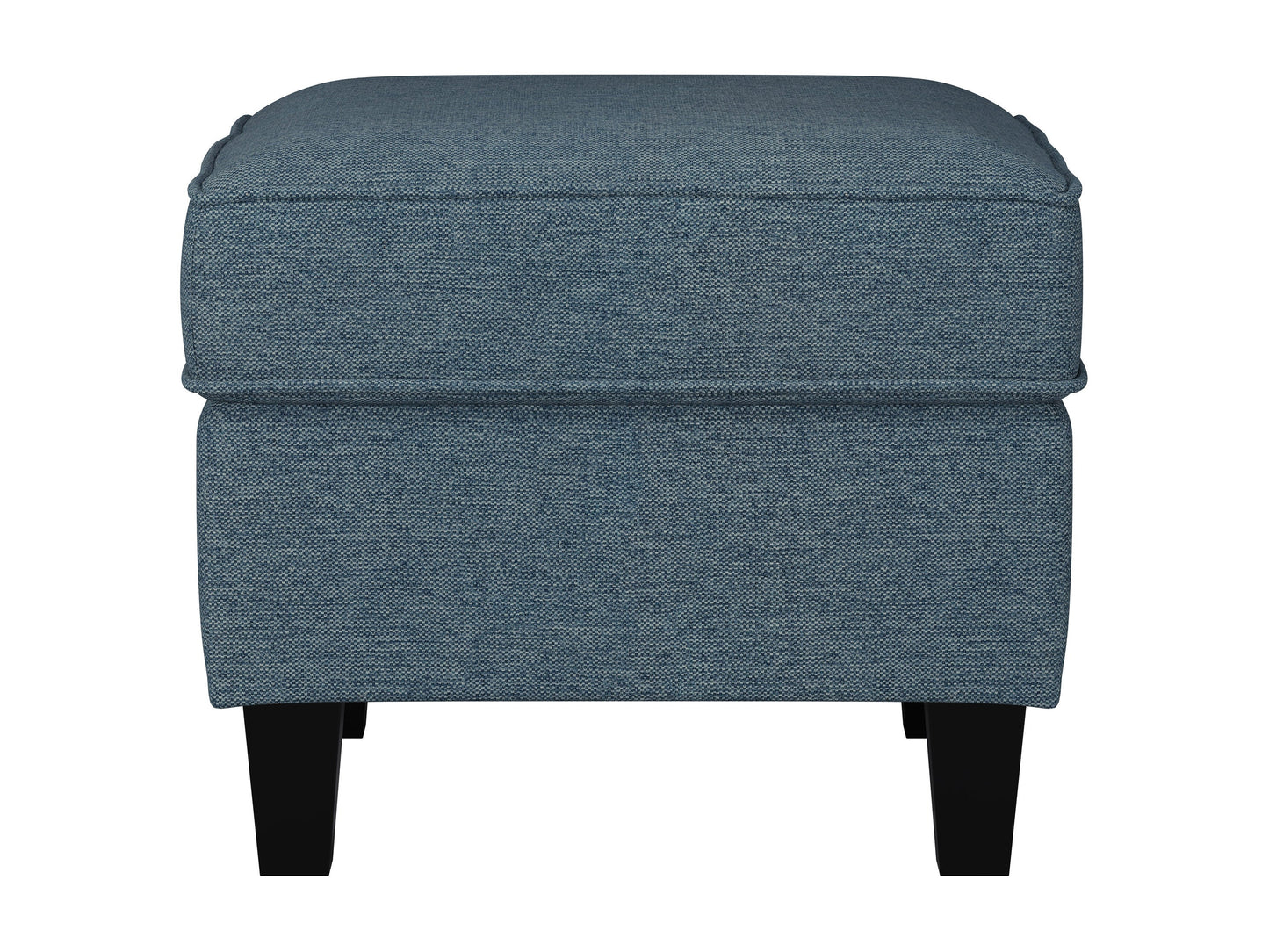 Blue fabric ottoman with tufted top, wooden legs, and storage compartment, perfect for living room or bedroom decor.