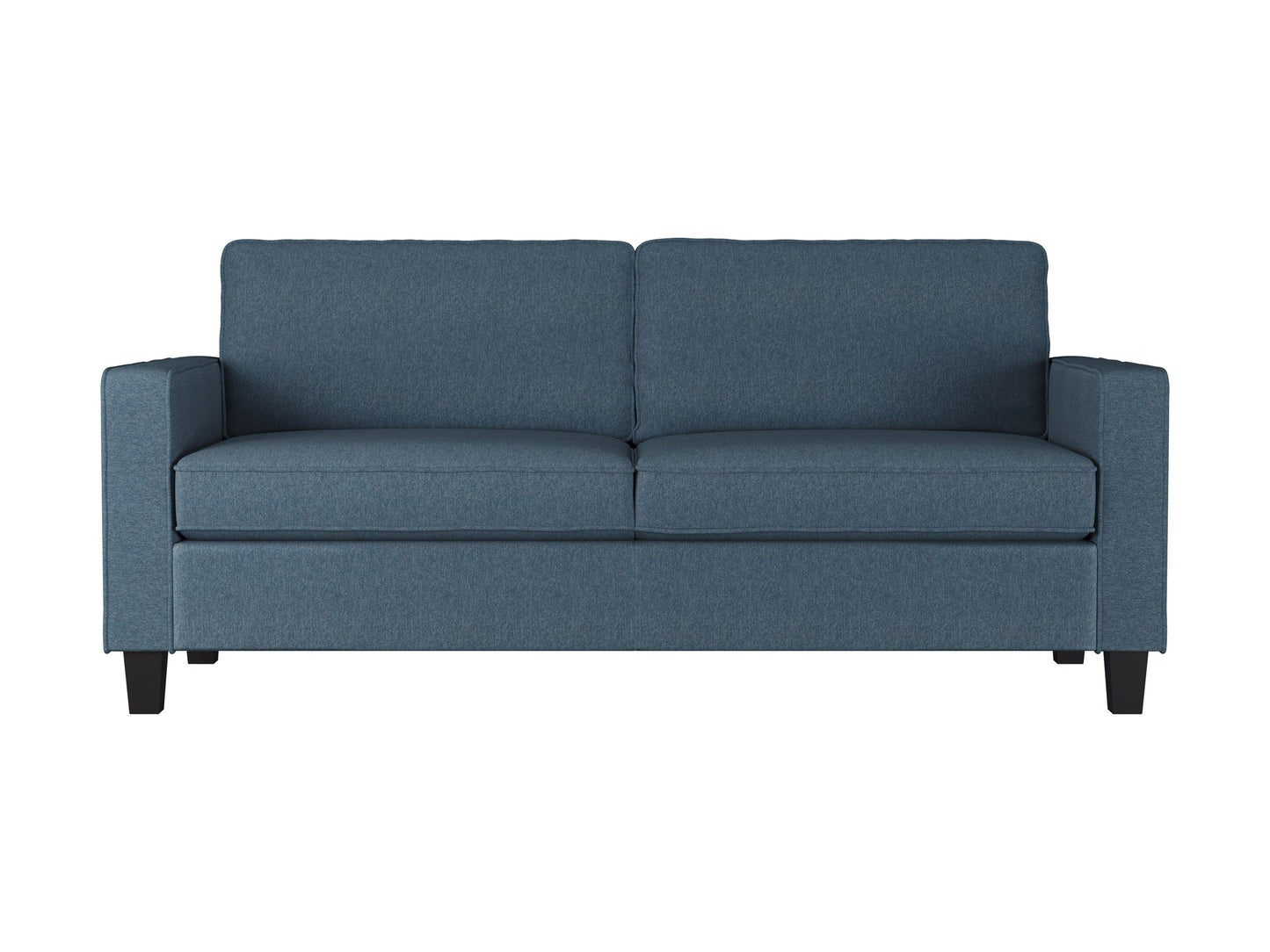 Blue 3-seater sofa with plush cushions, sleek wooden legs, and soft fabric upholstery. Ideal for modern living rooms, providing comfort and style.