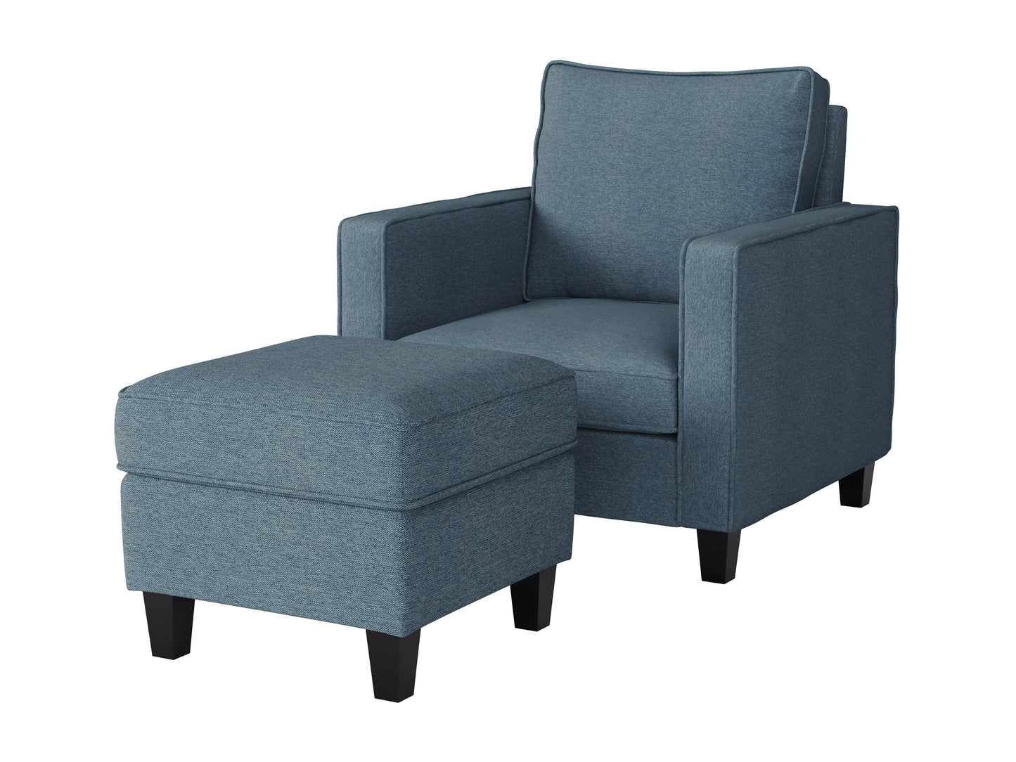 Blue fabric arm chair with matching ottoman, featuring soft upholstery, wooden legs, and a modern design, perfect for living room or office seating.