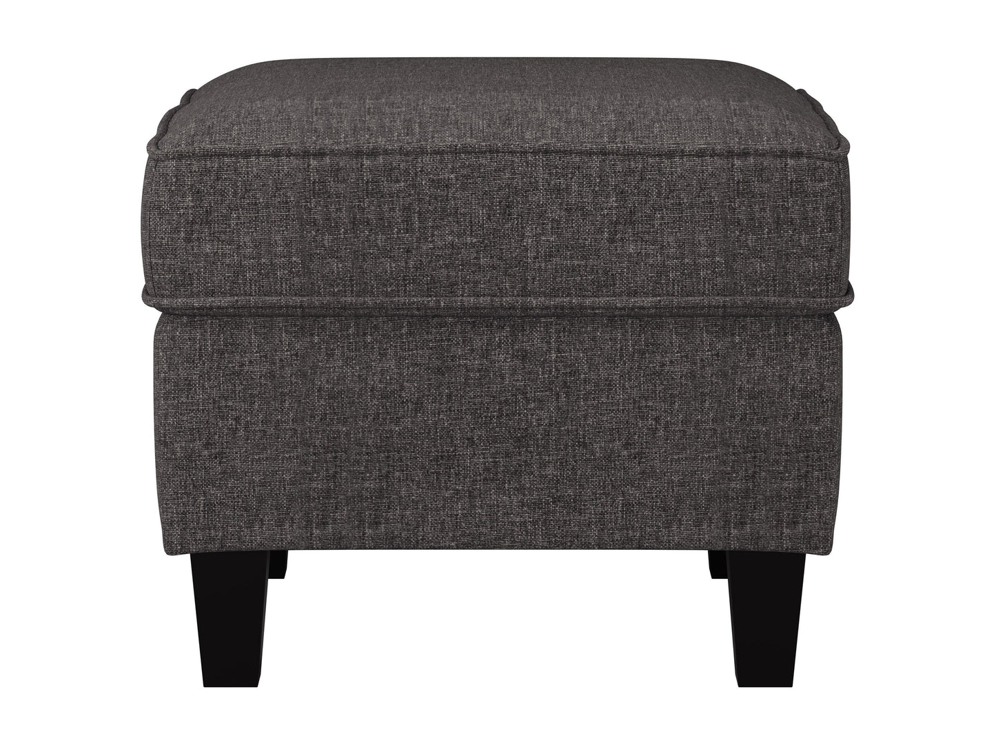 Grey fabric ottoman with tufted top, wooden legs, and soft texture, ideal for living room or bedroom decor.