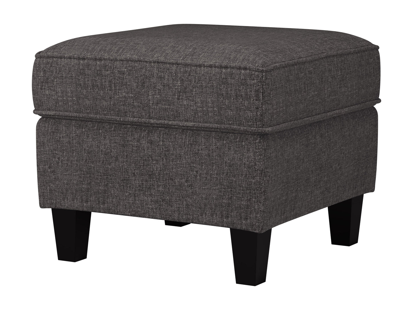 Gray fabric ottoman with tufted top, wooden legs, and storage compartment. Ideal for living room or bedroom decor, providing extra seating and storage space.