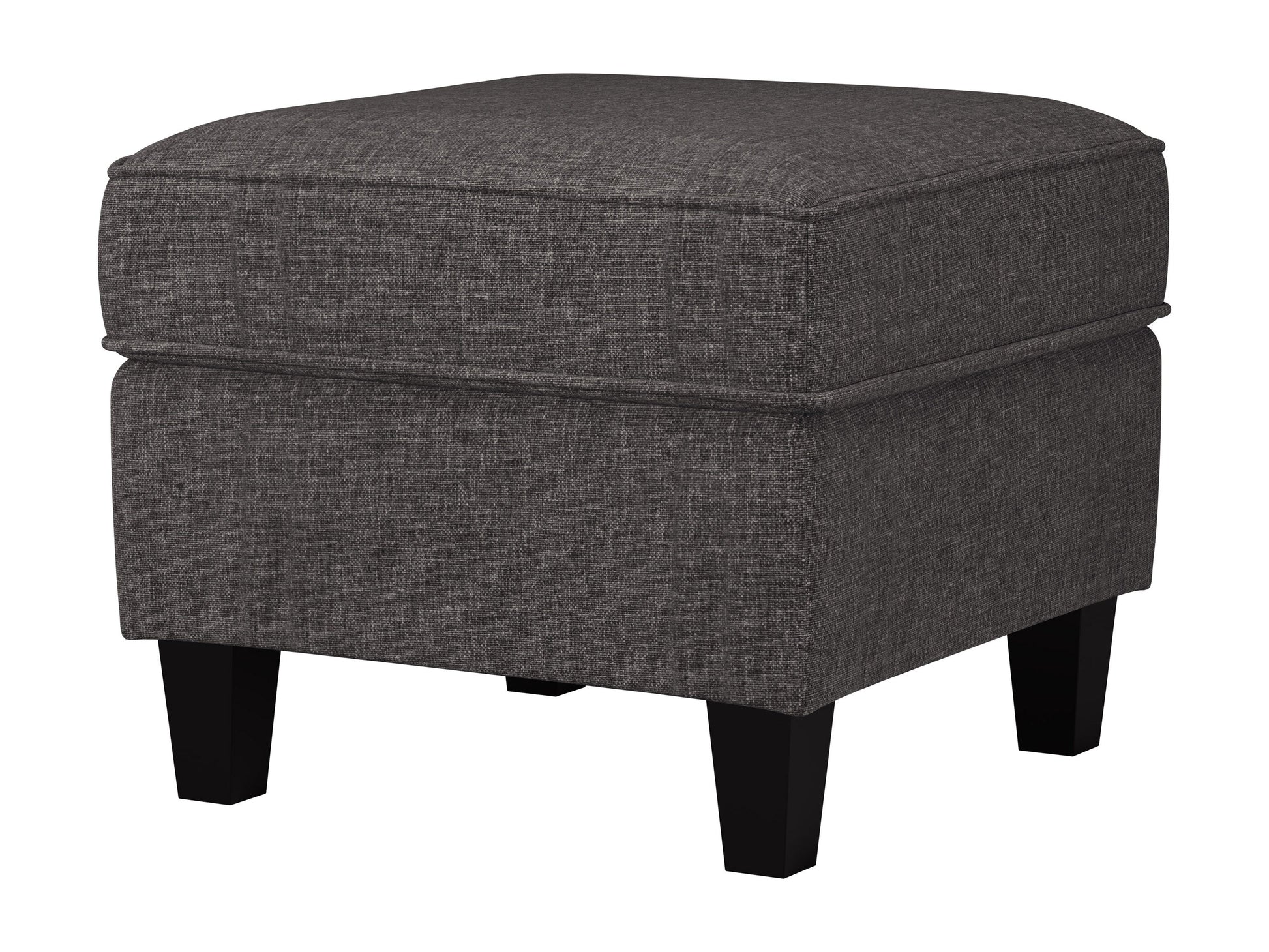 Grey fabric ottoman with tufted top, wooden legs, and soft texture, ideal for living room or bedroom decor.