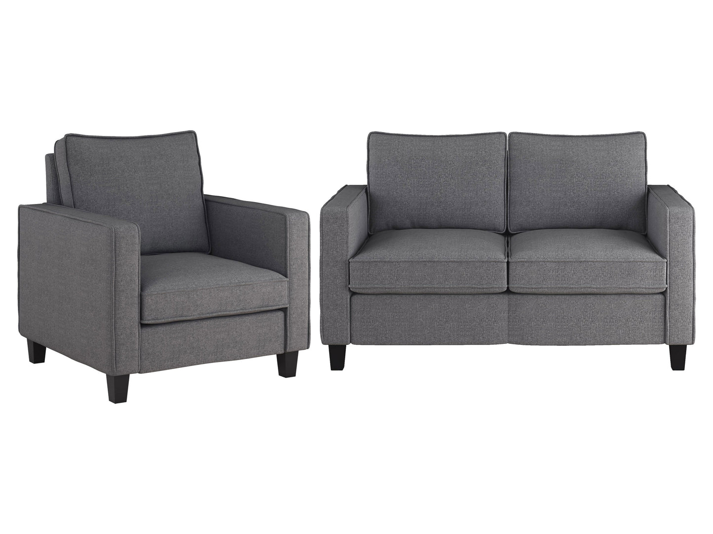 Grey 2-seater loveseat with matching chair set, featuring plush cushions, sleek modern design, and sturdy wooden legs. Ideal for contemporary living rooms, providing comfort and style.