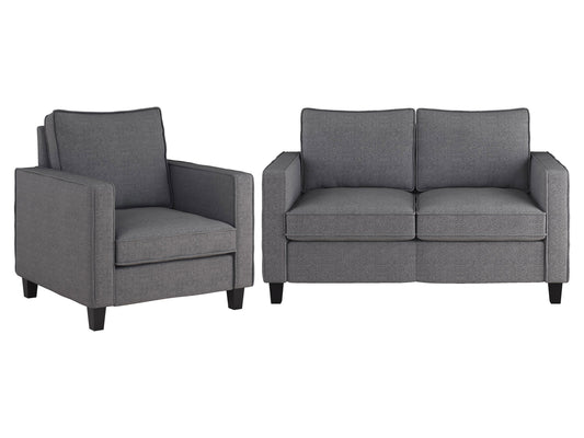 Grey 2-seater loveseat with matching chair set, featuring plush cushions, sleek modern design, and sturdy wooden legs. Ideal for contemporary living rooms, providing comfort and style.