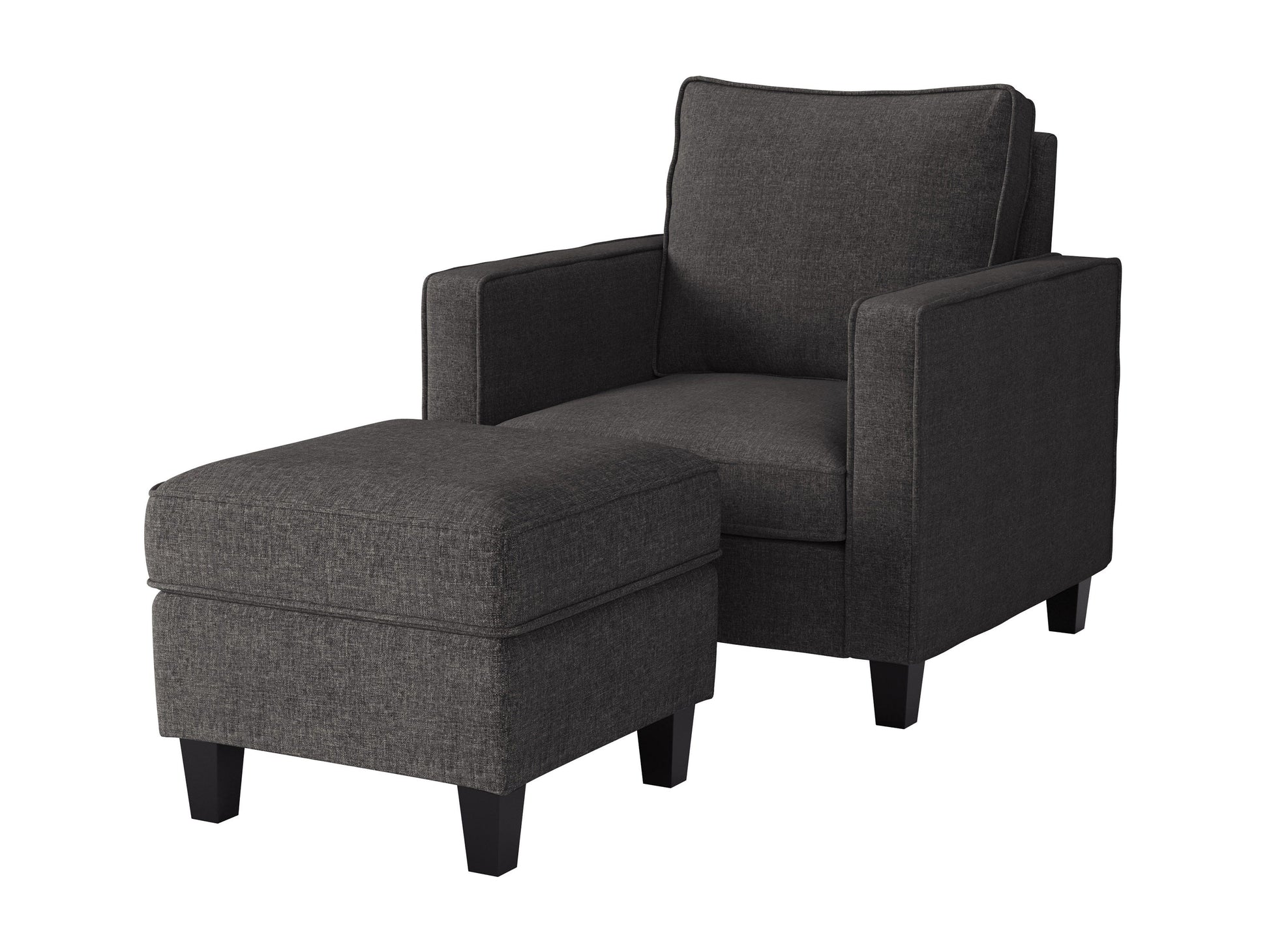 Grey fabric armchair with matching ottoman, featuring plush cushioning, modern design, and wooden legs. Ideal for living room or office decor, providing both comfort and style.