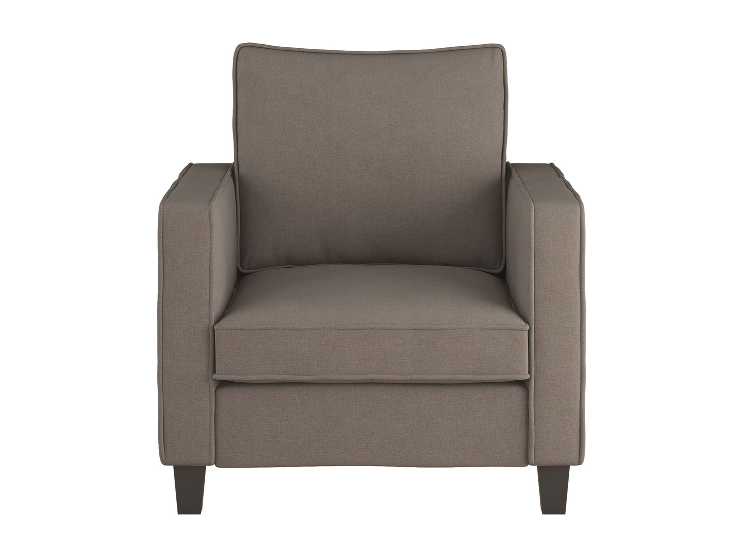 Mid-century modern arm chair in taupe with wooden legs, featuring a cushioned seat and backrest, upholstered in soft fabric with a minimalist design. Perfect for living rooms or office spaces.