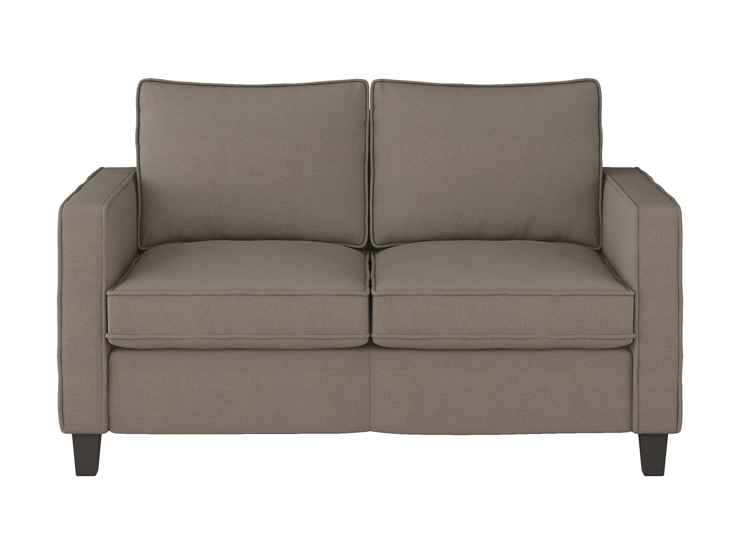Taupe 2-seater loveseat with plush cushions, sleek wooden legs, and soft fabric upholstery; perfect for modern living rooms.