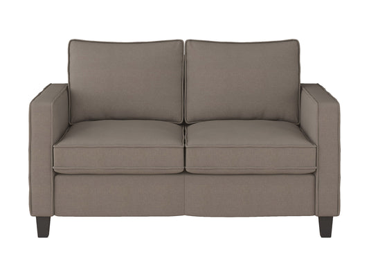Taupe 2-seater loveseat with plush cushions, sleek wooden legs, and soft fabric upholstery; perfect for modern living rooms.