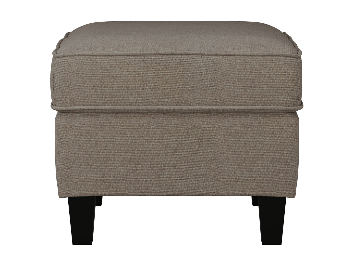 Taupe fabric ottoman with soft, textured upholstery and sturdy wooden legs, perfect for living room or bedroom decor. Ideal for extra seating or as a stylish footrest.