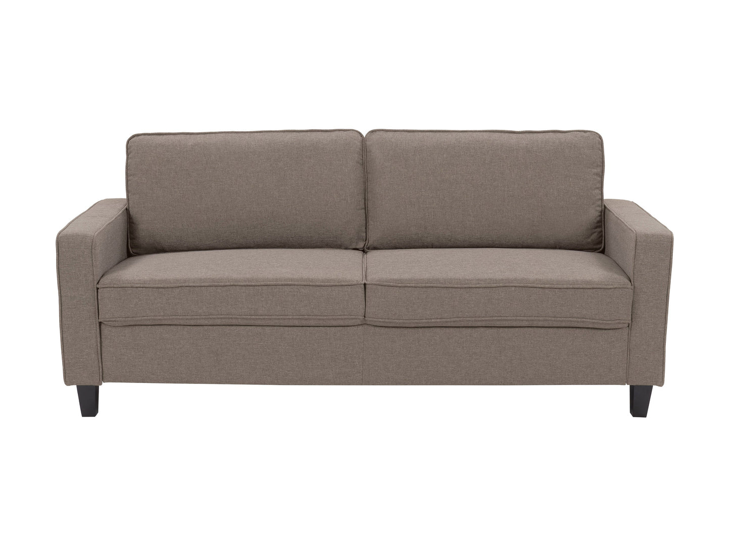 Taupe 3-seater sofa with plush cushions, wooden legs, and soft fabric upholstery, ideal for modern living rooms, offering comfort and style.
