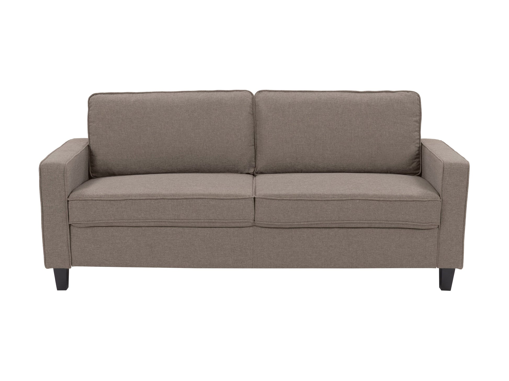 Taupe 3-seater sofa with plush cushions, wooden legs, and soft fabric upholstery, ideal for modern living rooms, offering comfort and style.