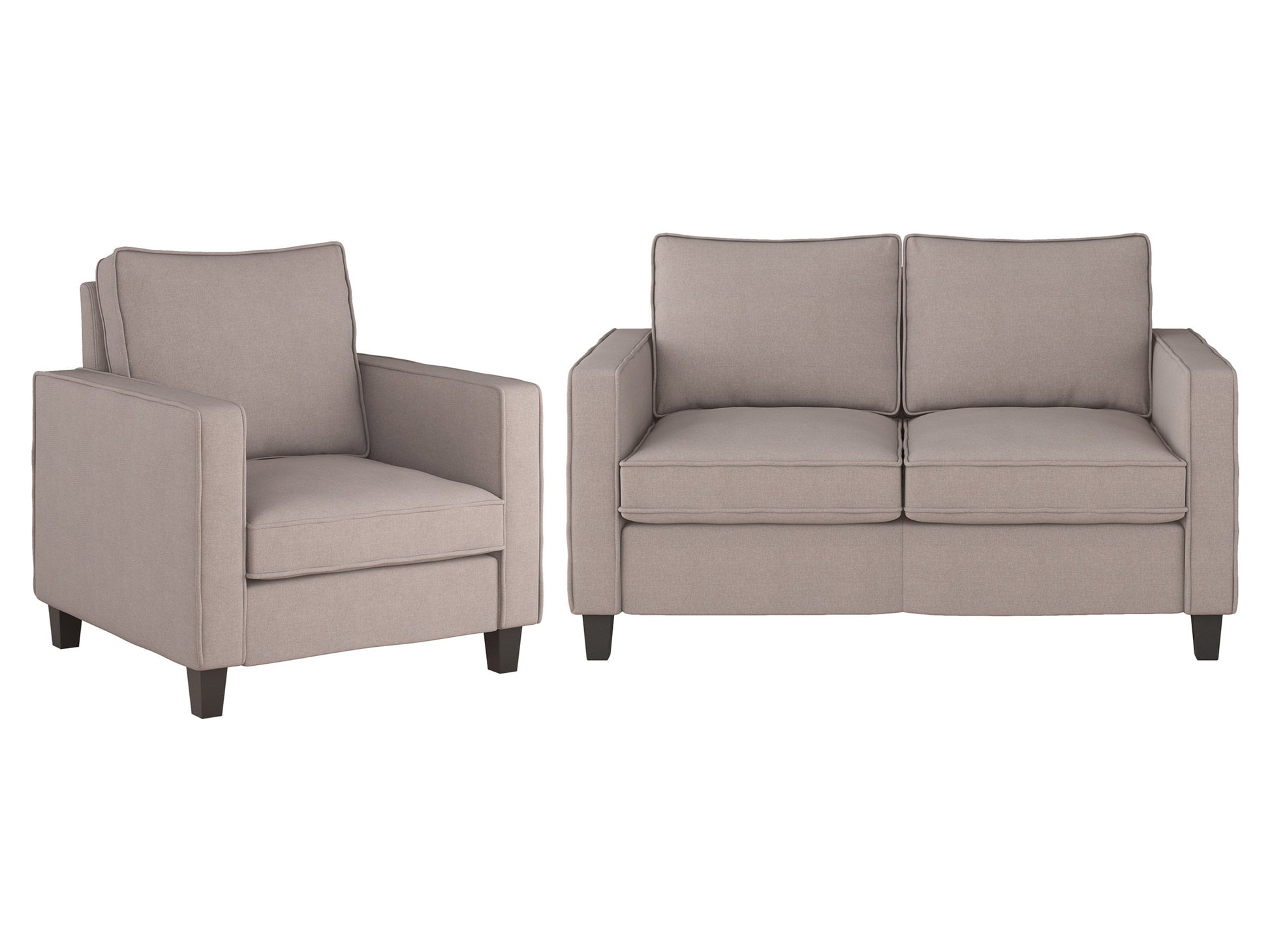 Taupe 2 seater loveseat and chair set with plush cushions, wooden legs, and modern design. Perfect for living rooms, offering comfort and style with durable fabric and neutral tones.