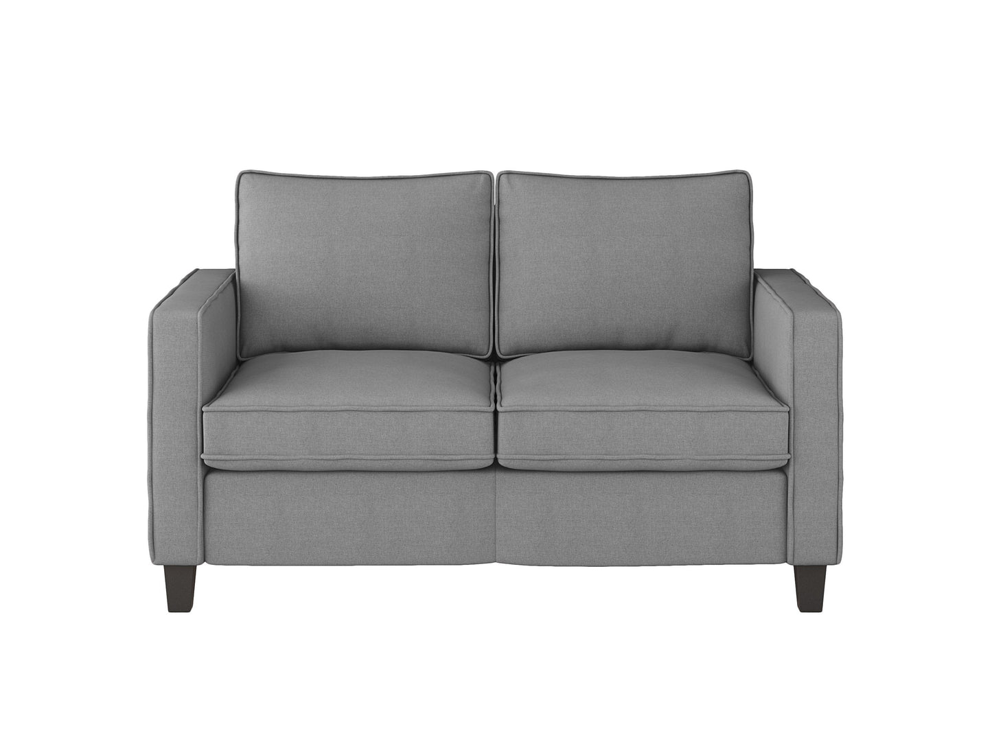 Modern 2-seater loveseat in grey fabric with plush cushions, wooden legs, and sleek armrests. Ideal for contemporary living rooms.
