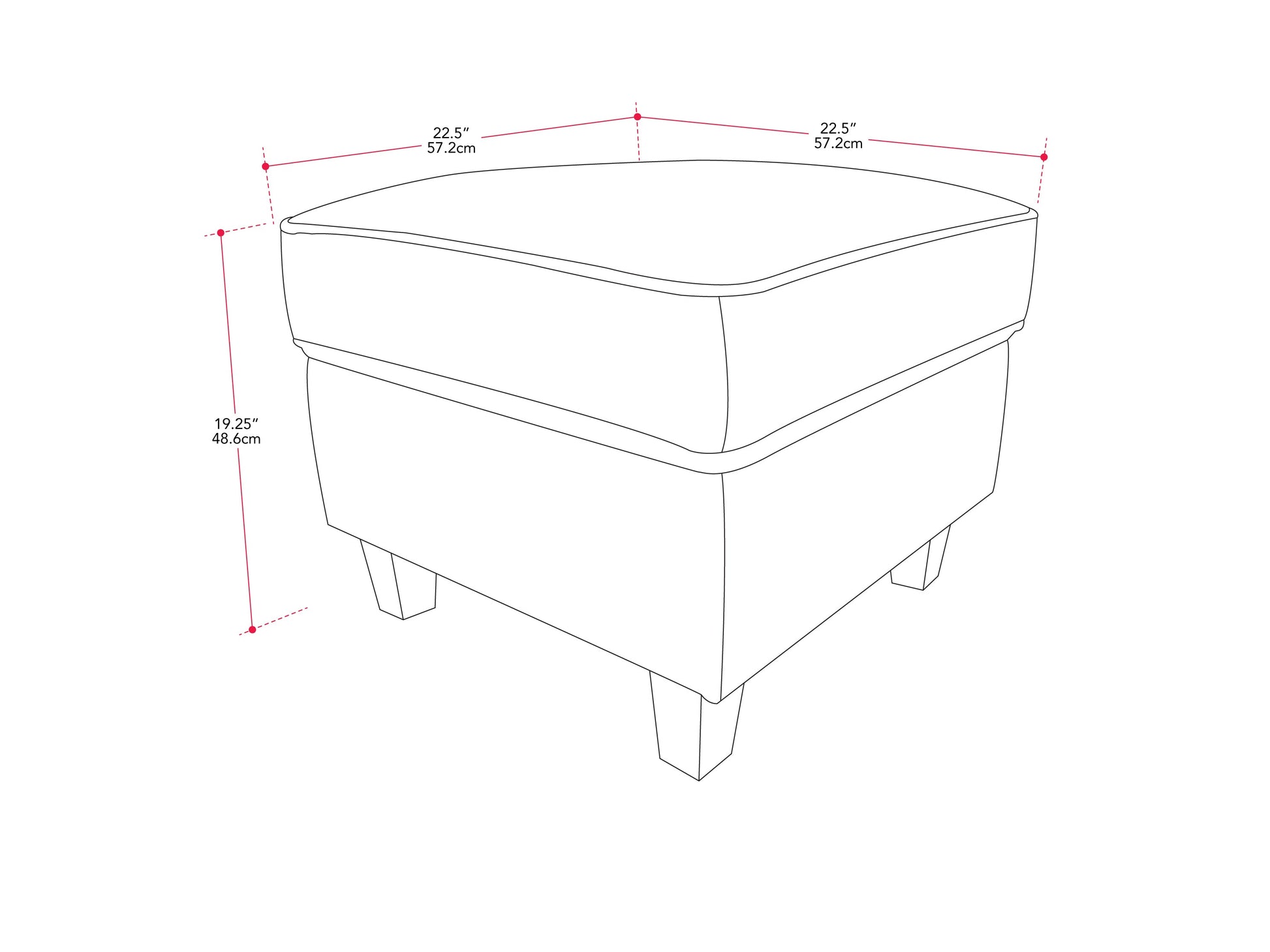 Gray fabric ottoman with tufted top and dark wooden legs, perfect for living room or bedroom décor, offering stylish storage and seating.