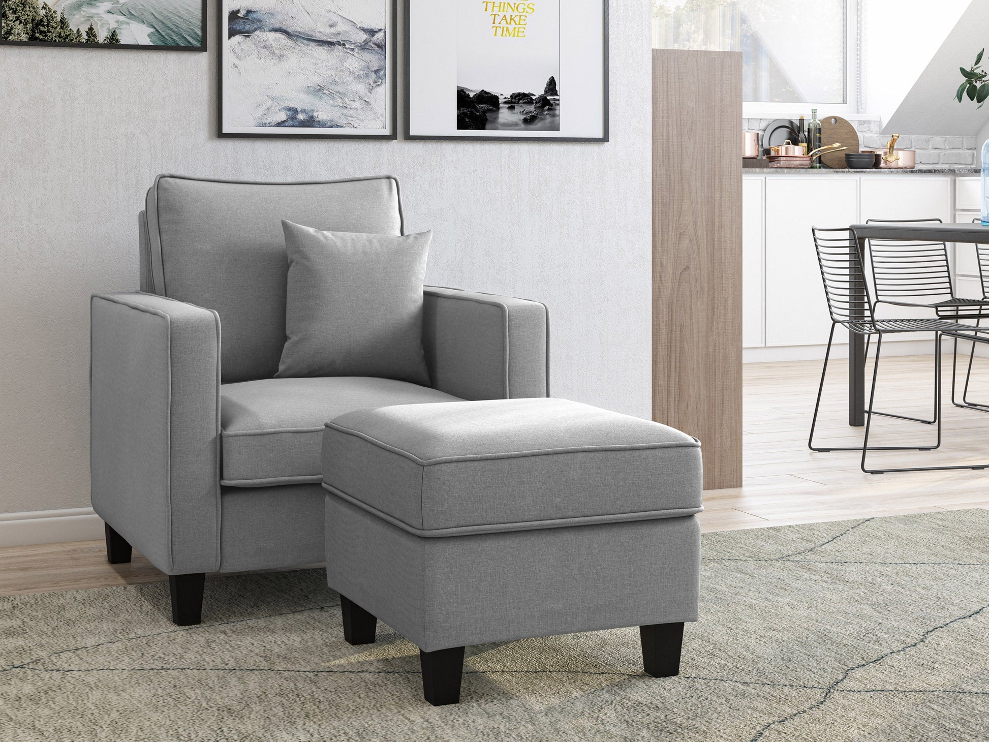 Gray fabric ottoman with tufted top, wooden legs, and storage compartment. Modern design, neutral color, and soft texture ideal for living room or bedroom decor.