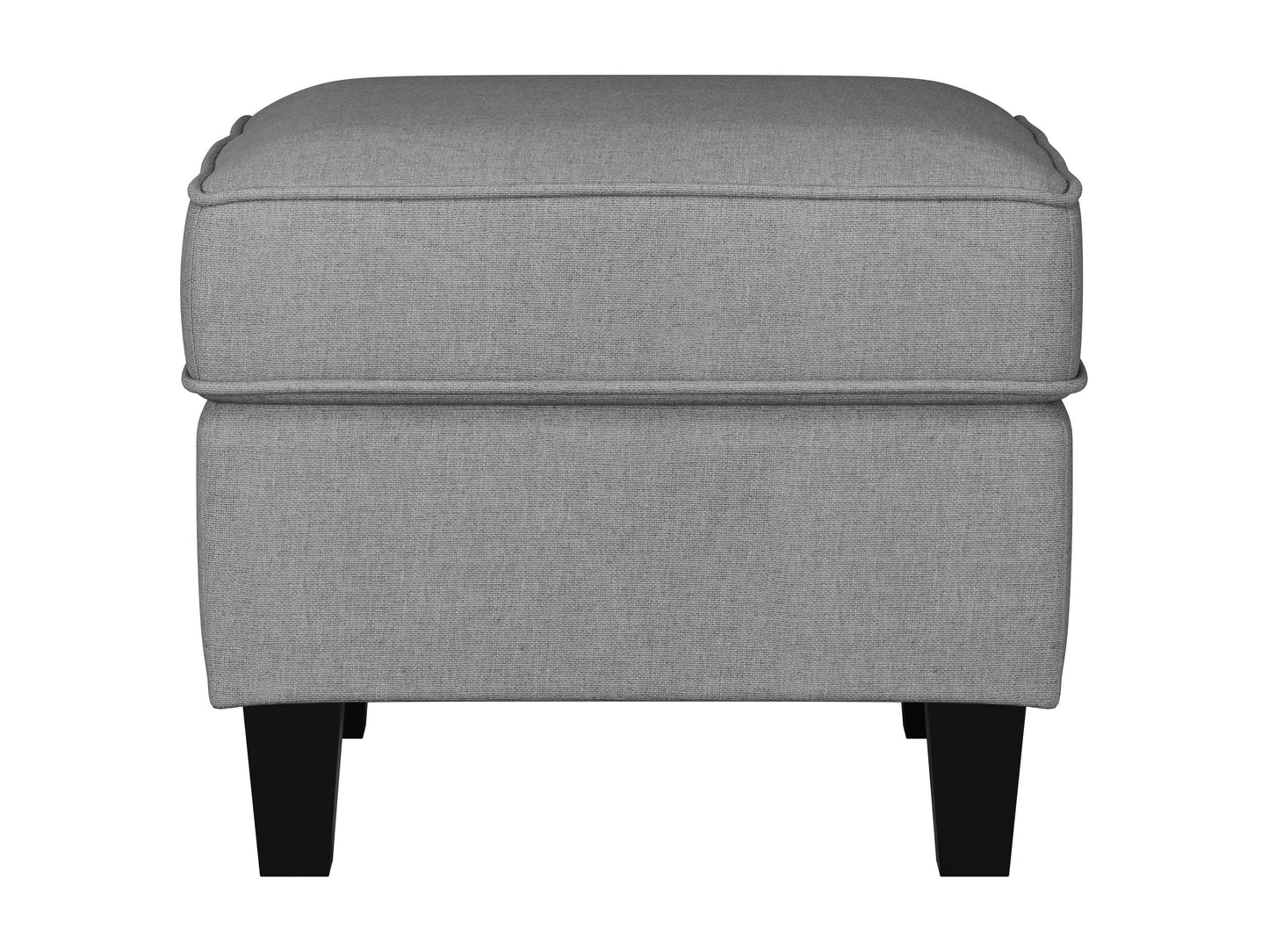 Light grey fabric ottoman with tufted top, wooden legs, and soft texture; ideal for living room seating or storage.