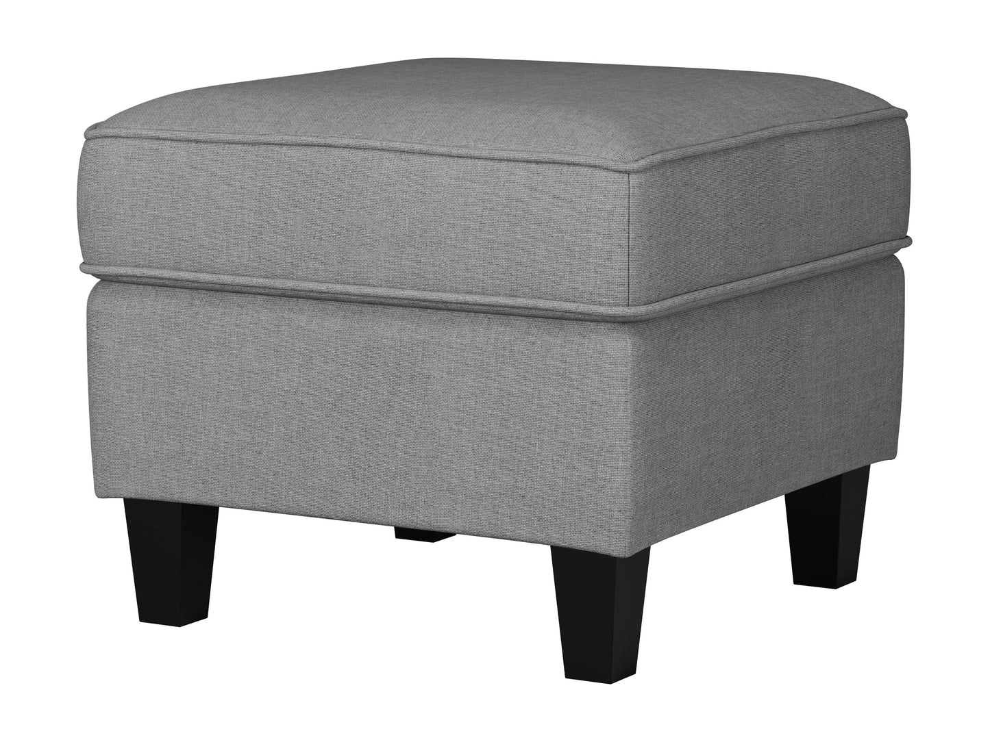 Gray fabric ottoman with tufted top, wooden legs, and storage compartment, perfect for living room or bedroom decor.