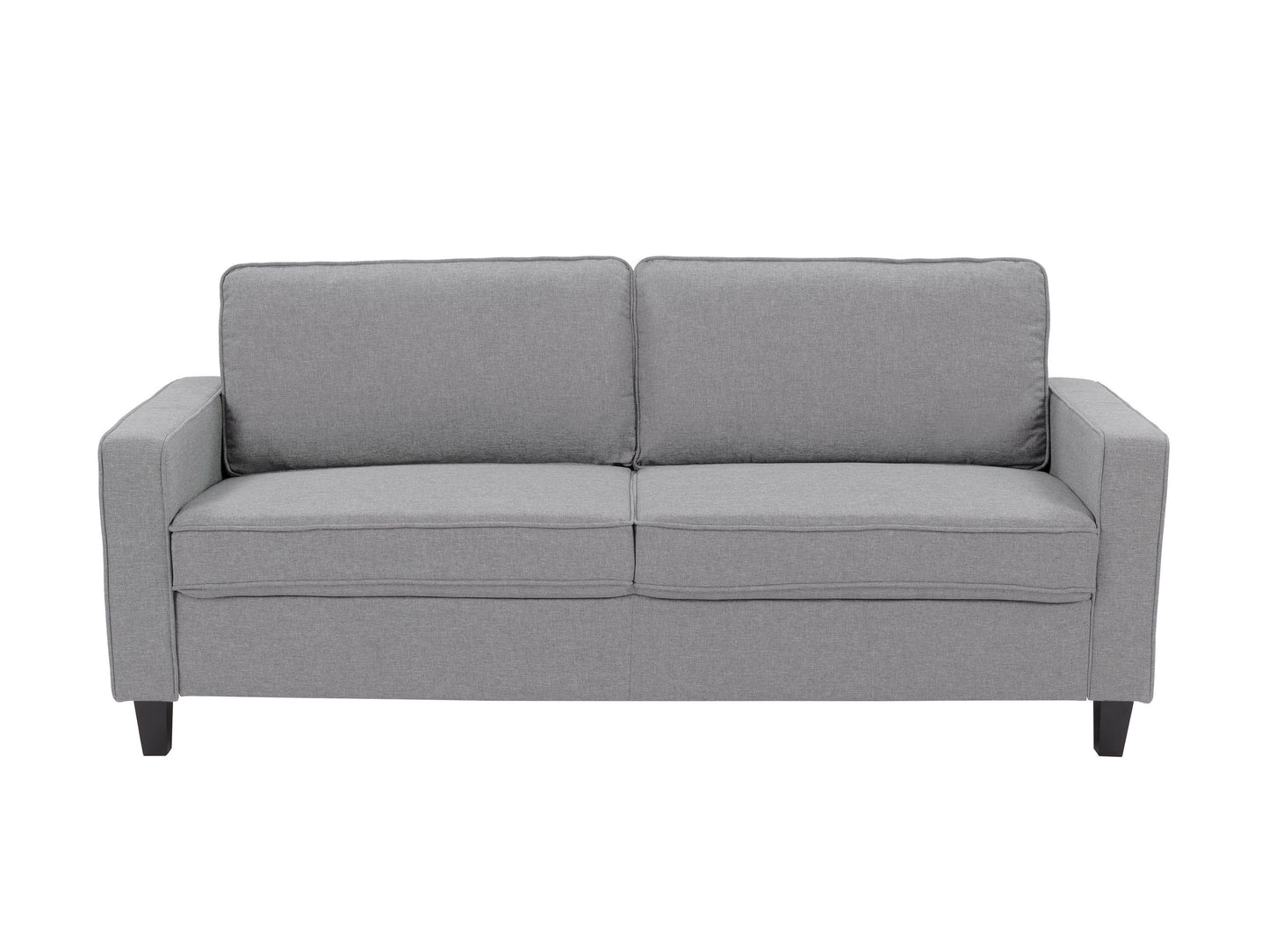 Light grey 3-seater sofa with plush cushions, wooden legs, and soft fabric upholstery. Ideal for modern living rooms, this stylish couch offers comfort and elegance, perfect for family gatherings or relaxation.