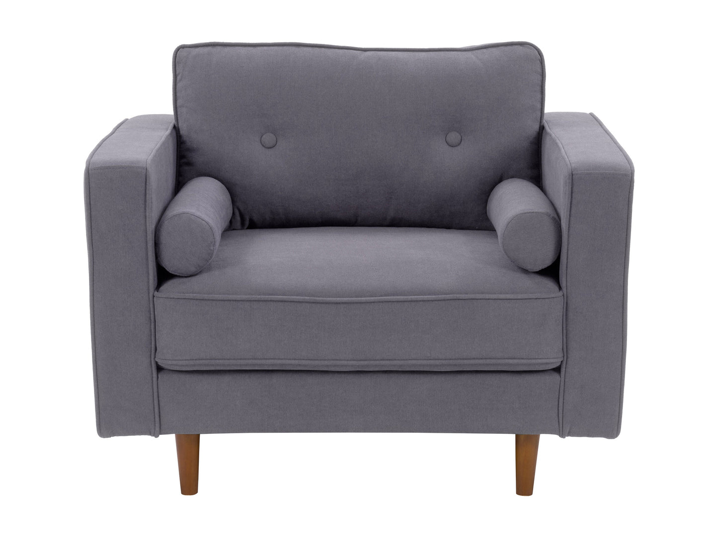 Grey mid-century modern arm chair with wooden legs, upholstered in soft fabric, featuring a tufted backrest and sleek armrests, perfect for living room or office decor.