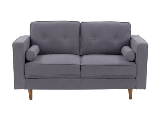 Grey two-seater loveseat sofa with plush cushions, soft fabric upholstery, and modern wooden legs, perfect for small living rooms or apartments.