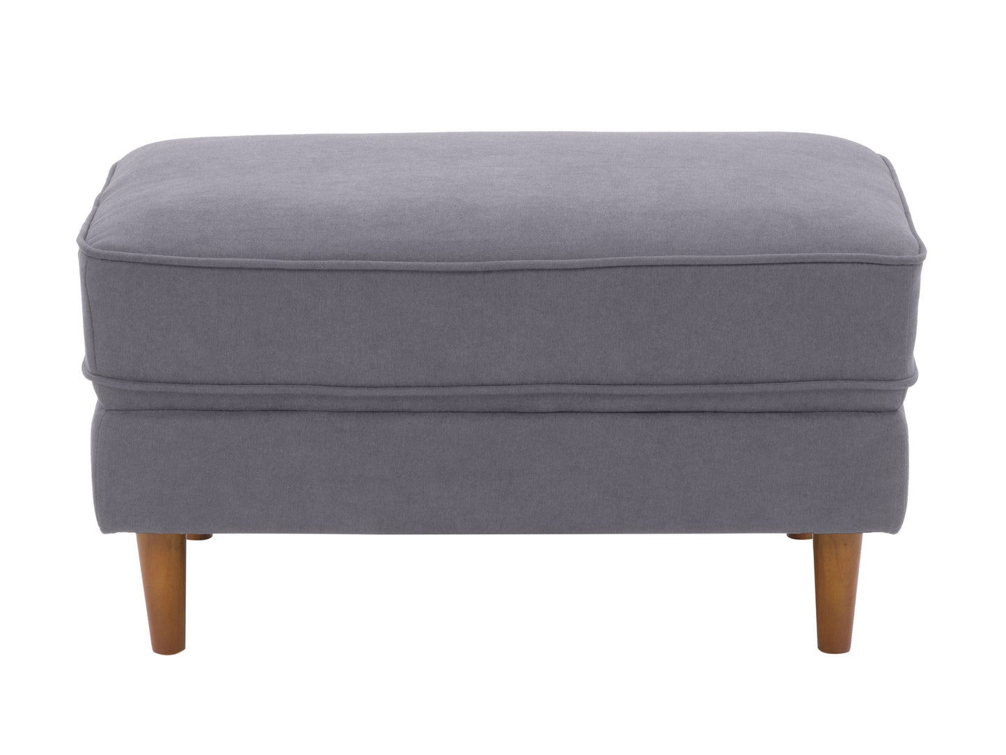Grey mid-century modern ottoman with wooden legs, upholstered in soft fabric. Features a minimalist design with tufted top cushion and sturdy construction, perfect for living room or office decor.