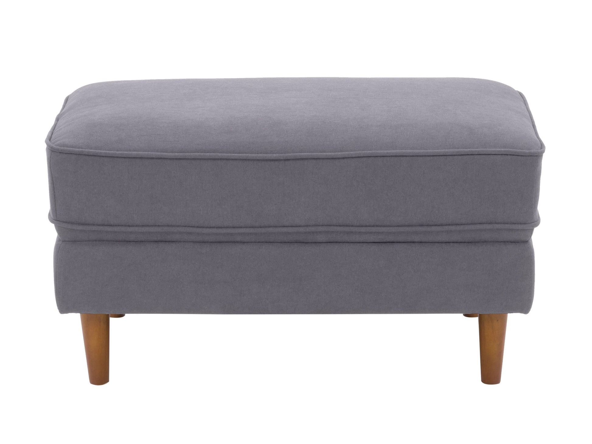 Grey mid-century modern ottoman with wooden legs, upholstered in soft fabric. Features a minimalist design with tufted top cushion and sturdy construction, perfect for living room or office decor.