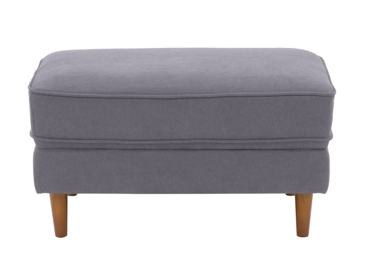 Grey mid-century modern ottoman with wooden legs, upholstered in soft fabric. Features a minimalist design with tufted top cushion and sturdy construction, perfect for living room or office decor.