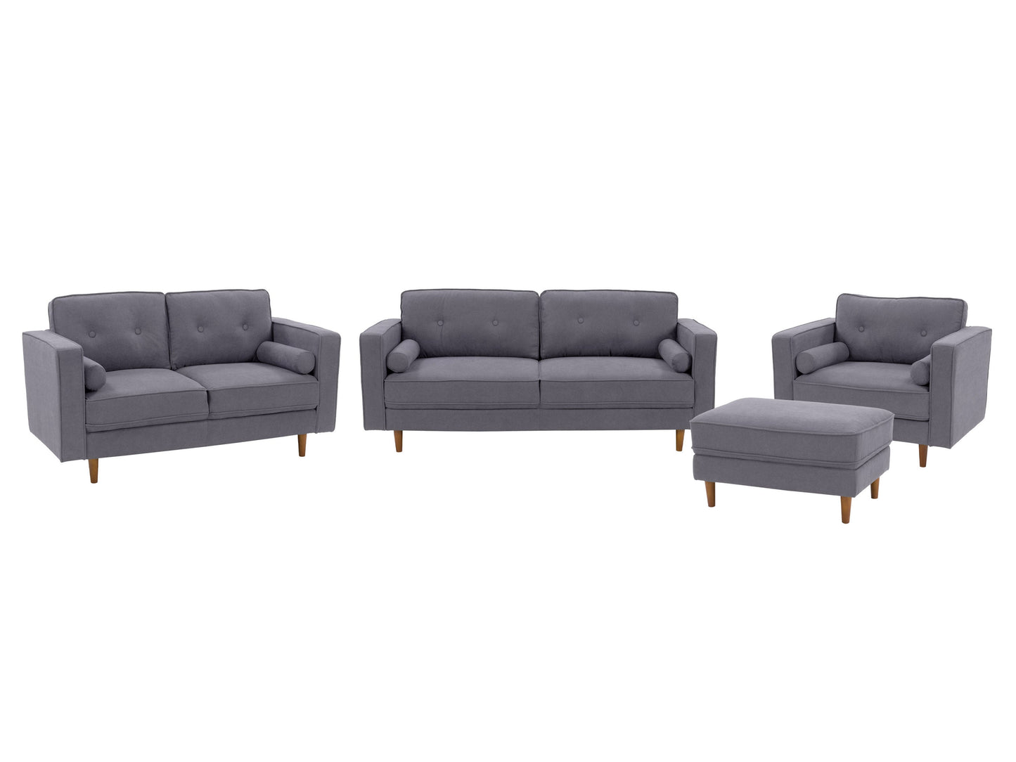 Grey 4-piece living room sofa set with plush cushions, sleek wooden legs, and soft fabric upholstery. Modern design featuring a spacious 3-seater, loveseat, armchair, and ottoman. Ideal for contemporary home decor.