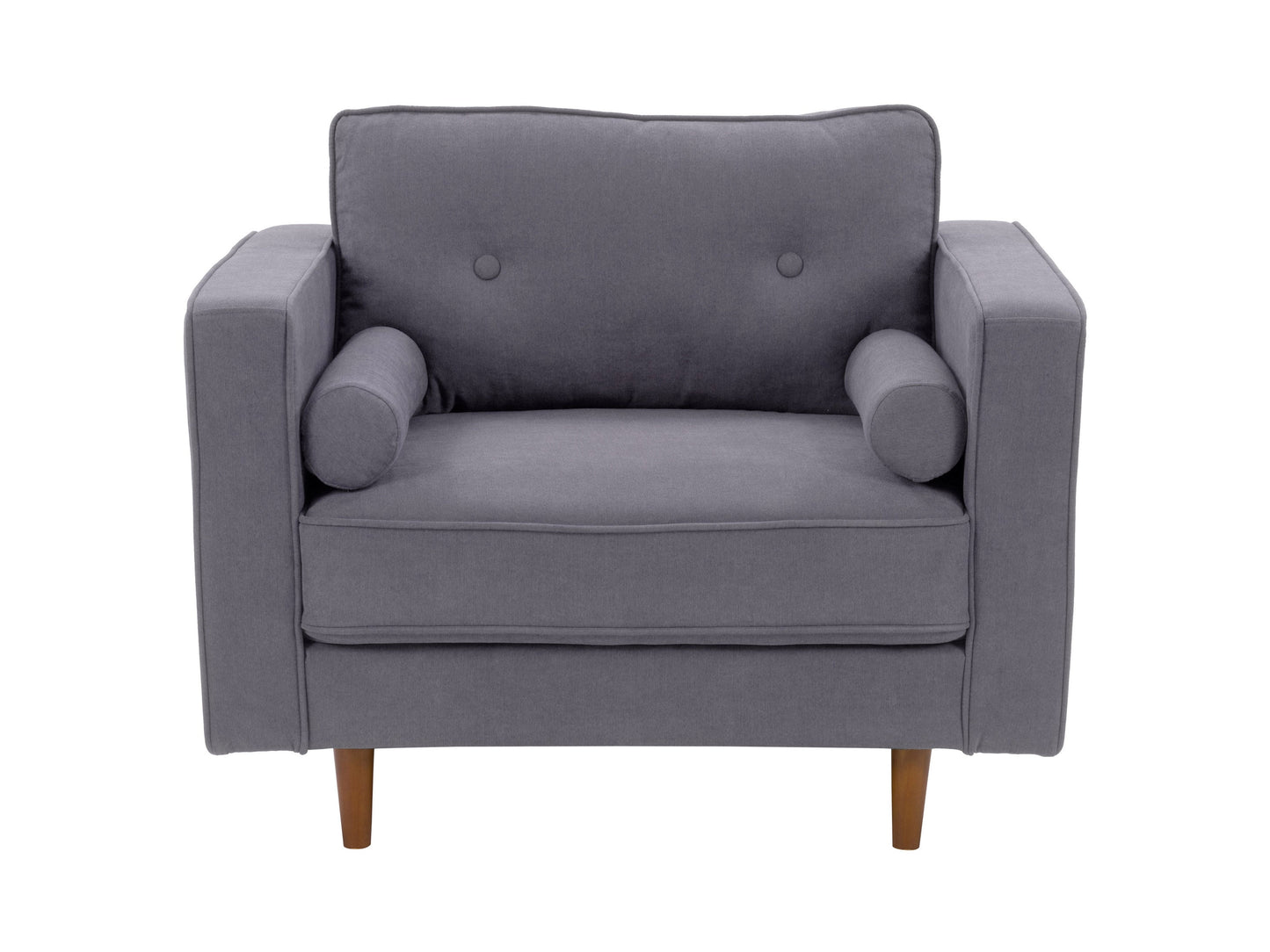 Grey 2-piece sofa and chair set with plush cushions, modern design, and sturdy wooden legs. Perfect for living room comfort and style.