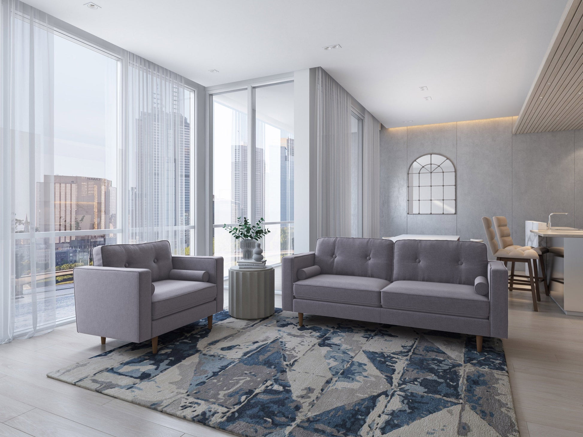 Grey 2-piece sofa and chair set with plush cushions, modern design, and sturdy wooden legs. Perfect for living room comfort and style.