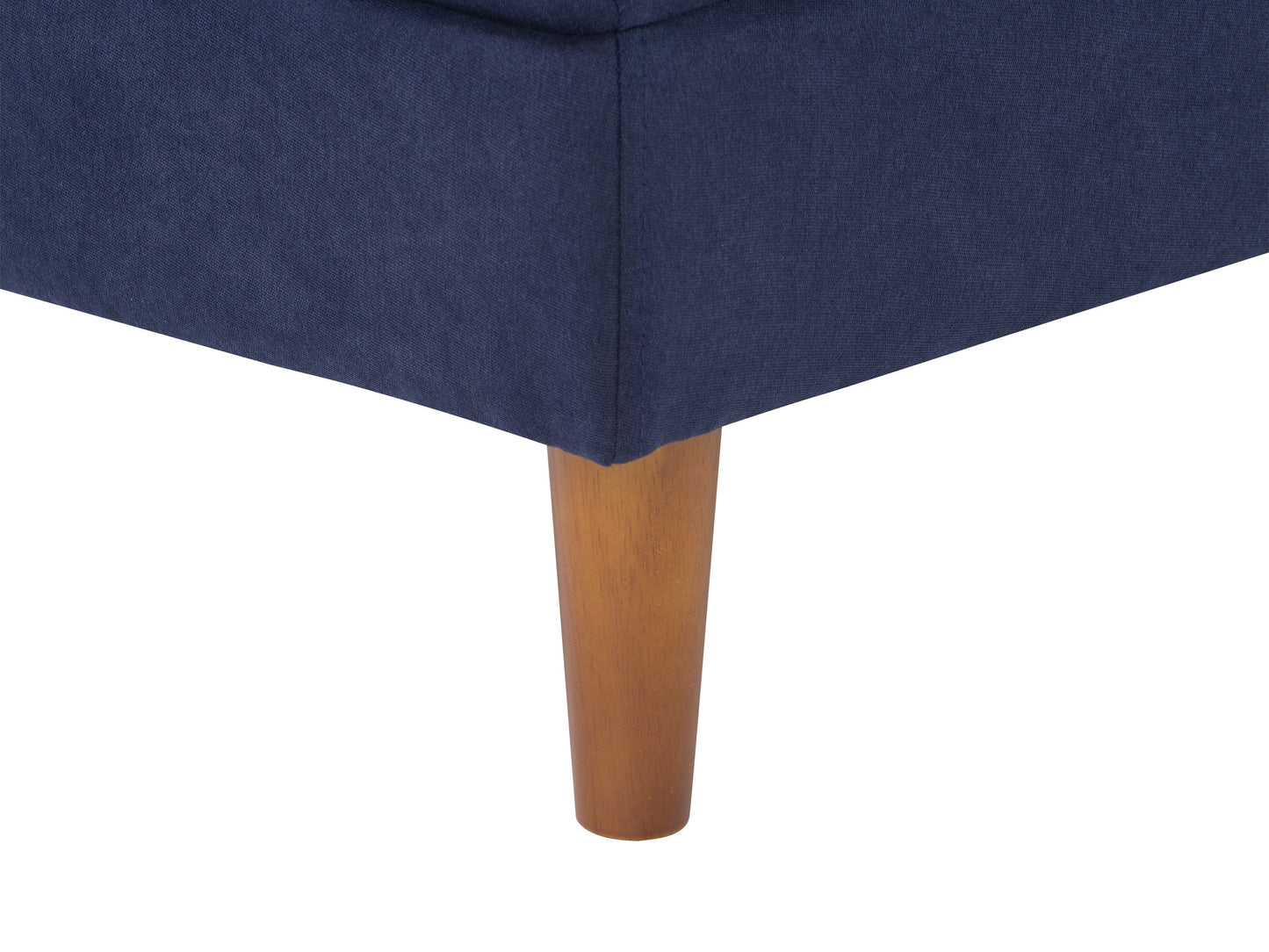 Navy blue mid-century modern ottoman with wooden legs, tufted fabric, and sleek design. Perfect for living room or bedroom decor.