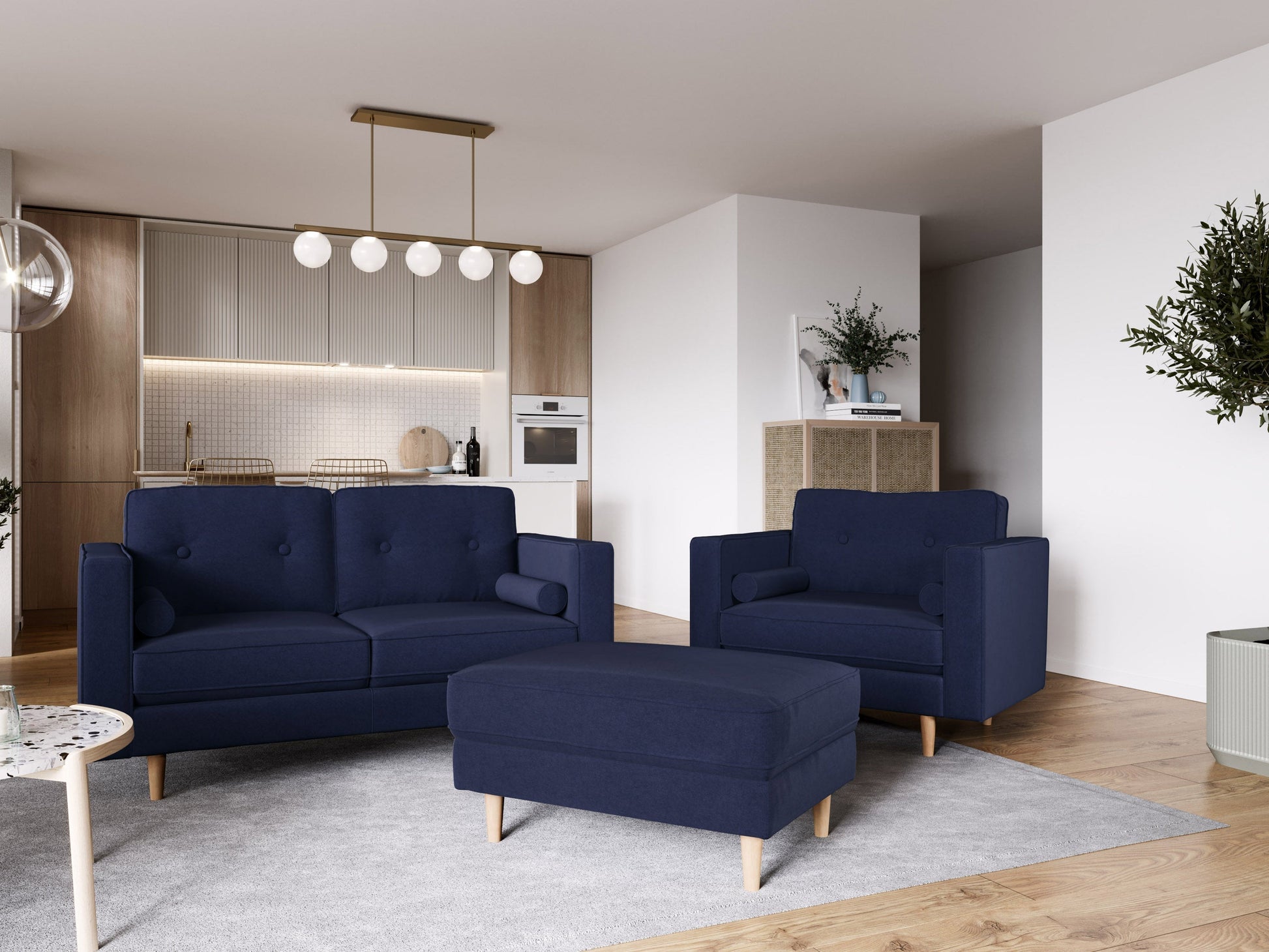 Navy blue mid-century modern ottoman with wooden legs, tufted fabric, and sleek design. Perfect for living room or bedroom decor.